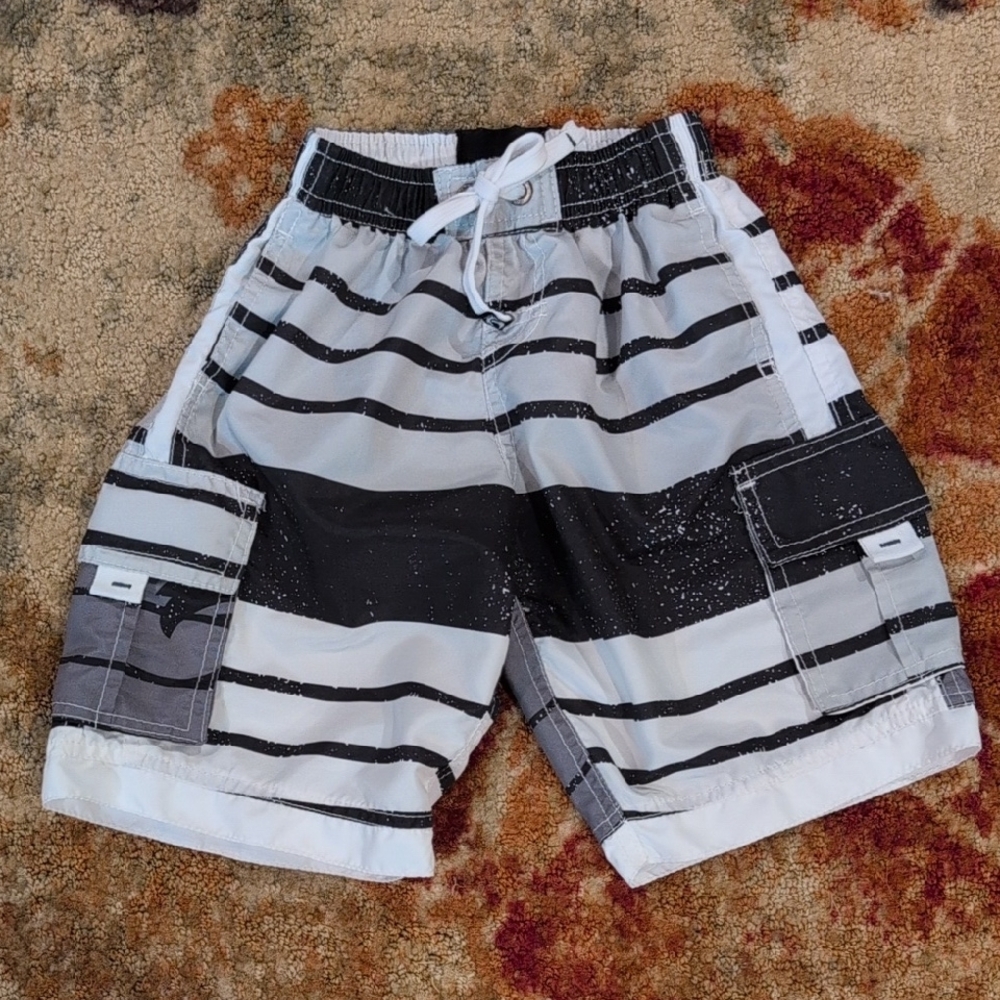 B.Split Black & White Cargo Boys Swim Shorts Dynamic Stripes